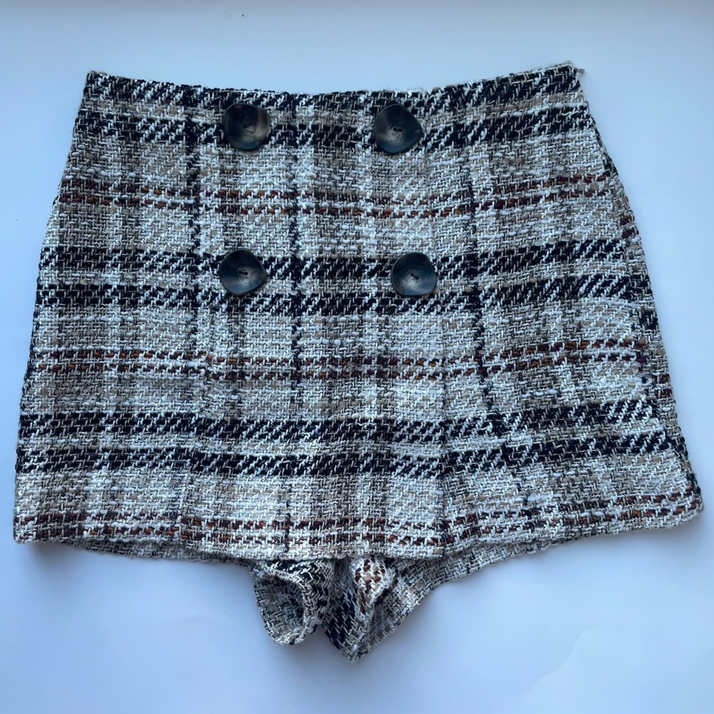 Zara Tweed Plaid Textured Skort